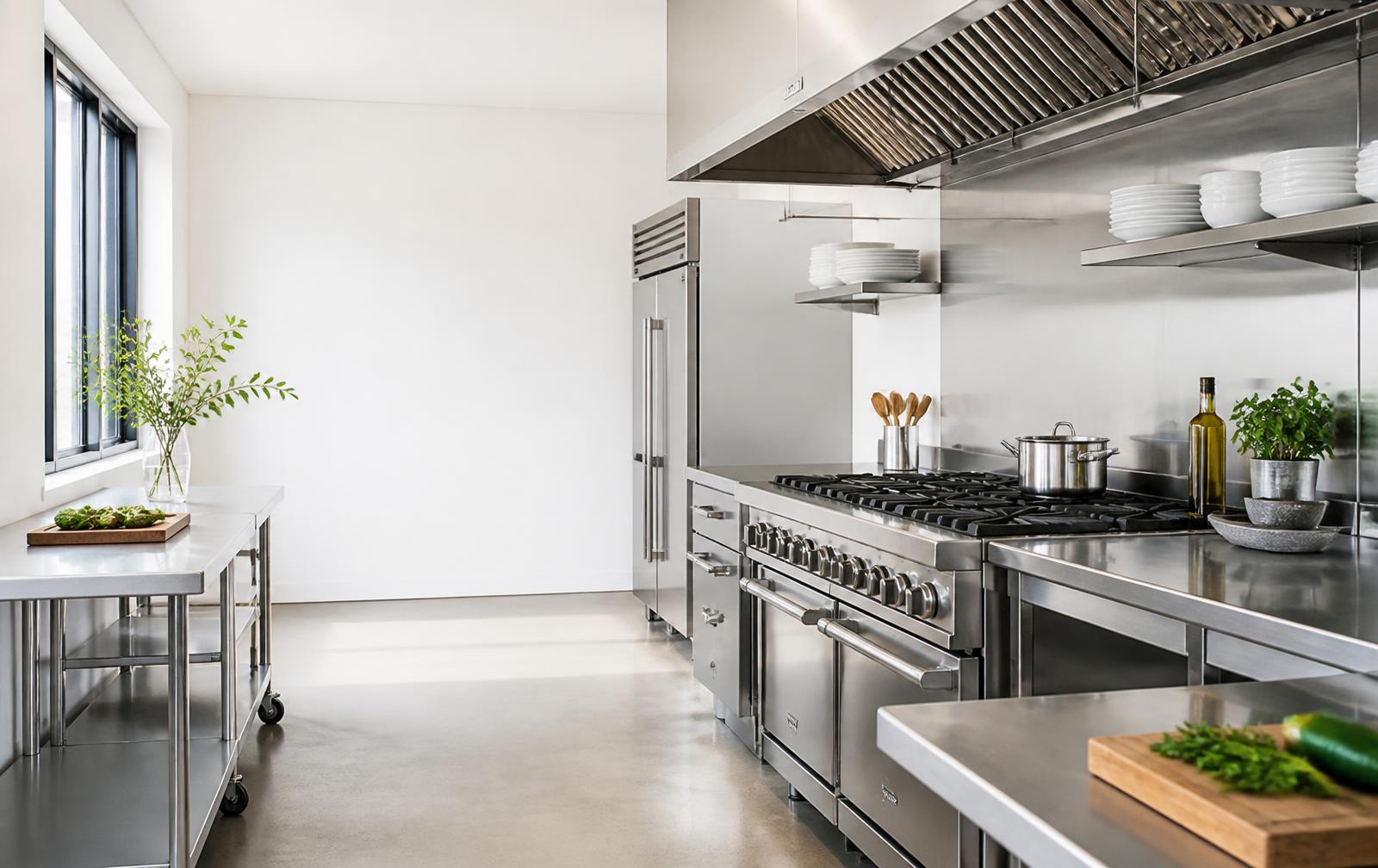 Bright commercial kitchen with stainless steel range and prep tables